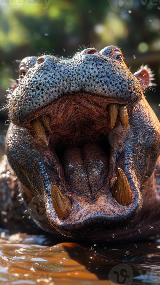 Hippo displays formidable teeth while submerged in water during a sunlit afternoon in the wild photo