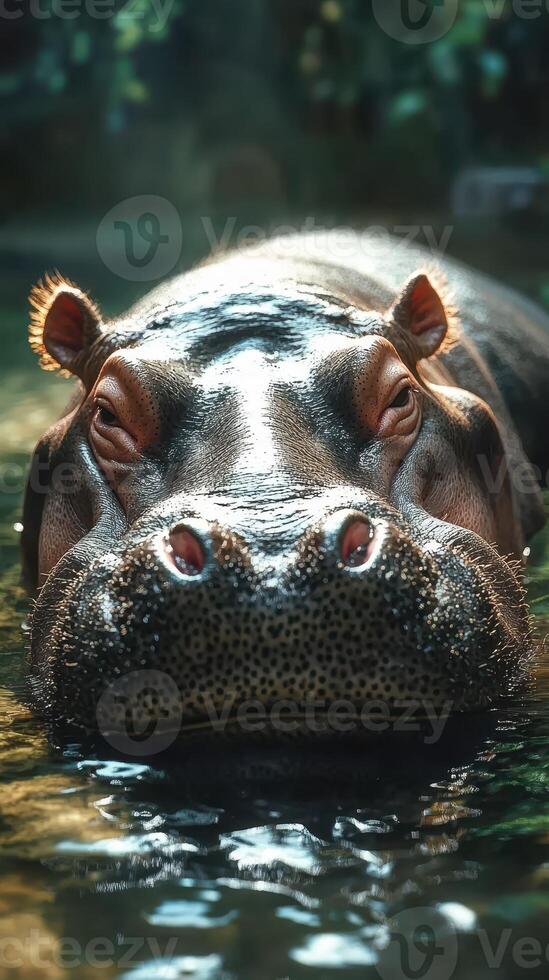 Hippo resting in calm waters during the afternoon at a wildlife sanctuary showcasing its massive features and serene demeanor photo