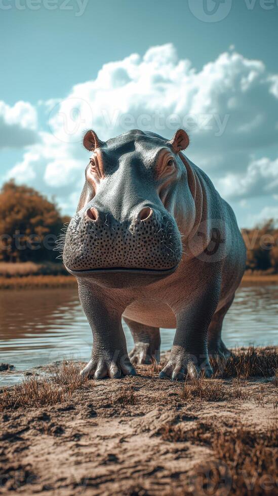 Hippo wading near a serene riverbank under a clear blue sky on a sunny day in an African landscape photo