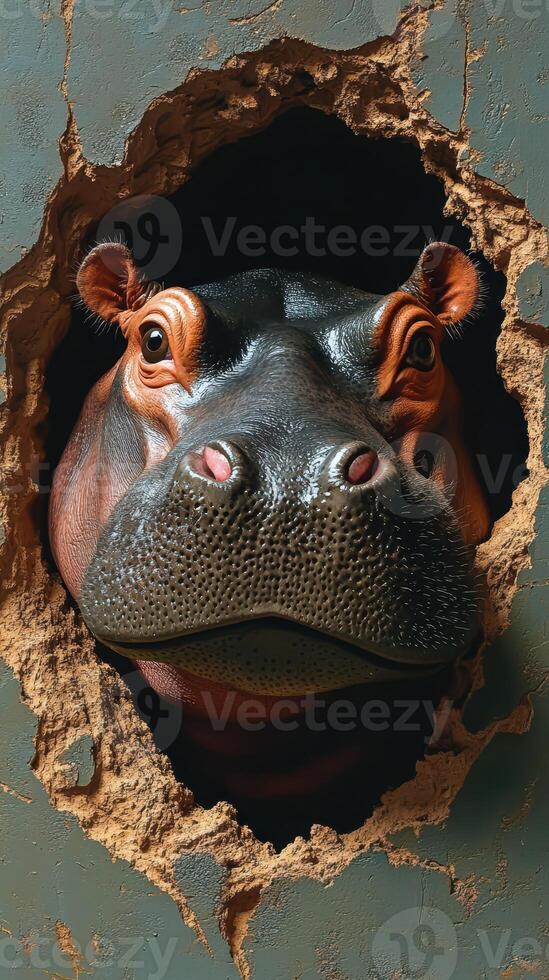 Hippo emerges from a wall with an unexpected surprise in a playful and imaginative setting photo