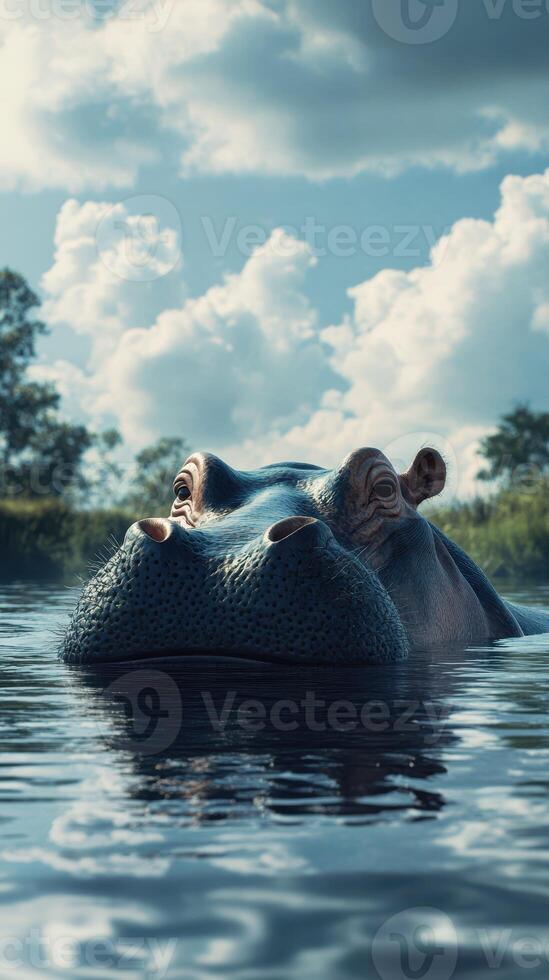 Hippo surfacing in a tranquil river under a cloudy sky during late afternoon photo