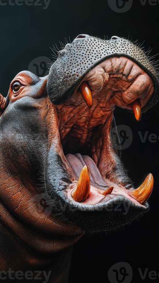 Majestic hippopotamus displaying its massive jaws in a close-up view with dramatic lighting photo