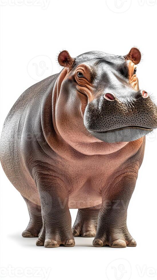 Hippo standing proudly with a gentle expression on its face in a natural habitat setting during daylight hours photo