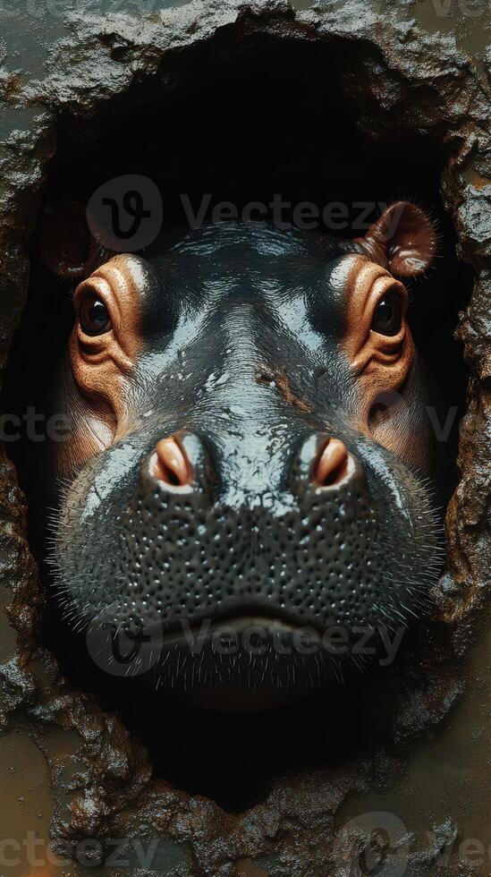 Hippopotamus peering through a hole in a rocky surface in a natural habitat during daylight photo