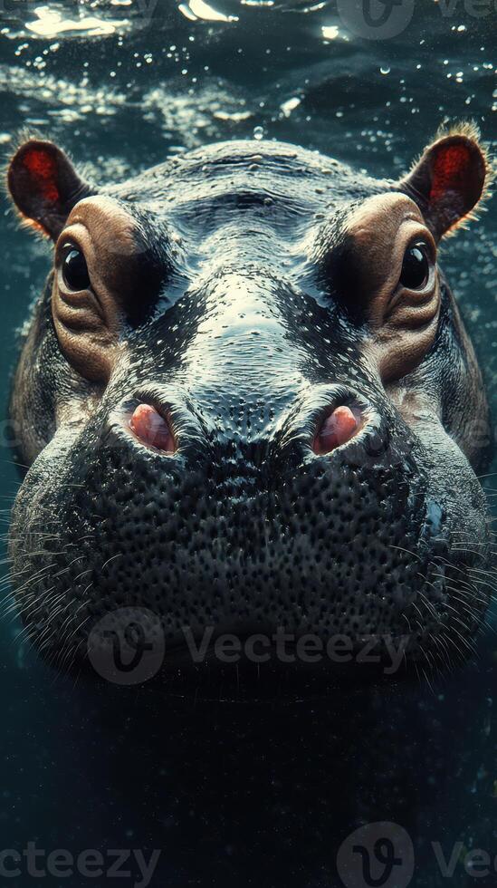 Close encounter with a hippo underwater in a serene setting during daylight photo