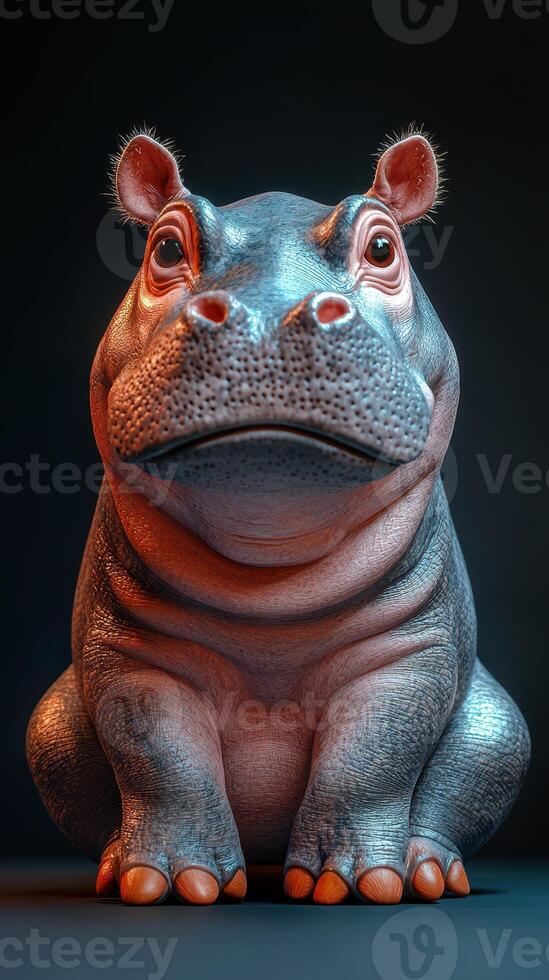 Close-up of a hippo with detailed features against a dark backdrop, showcasing its unique texture and expression photo