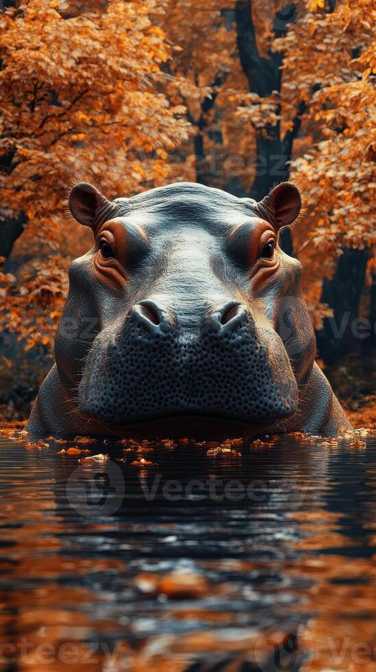 Hippo cooling off in a serene forest lake surrounded by vibrant autumn foliage photo