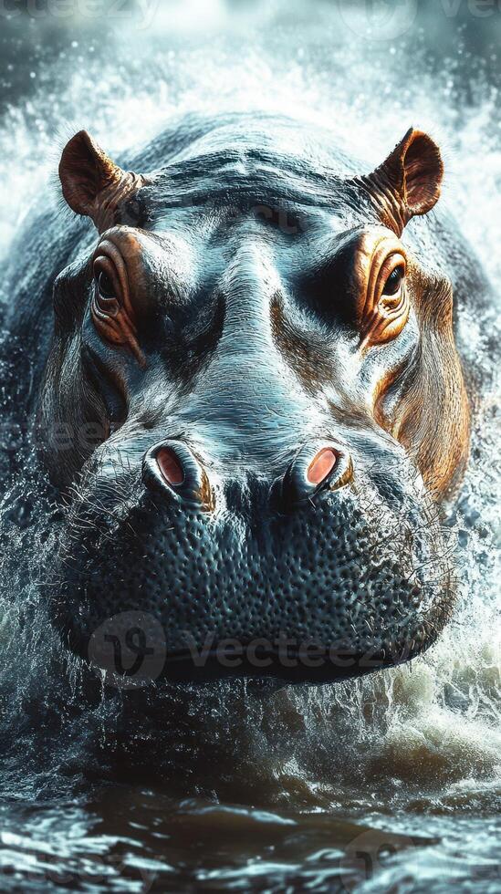 Majestic hippo surfacing in the water showcases its strength against the backdrop of natural splendor photo