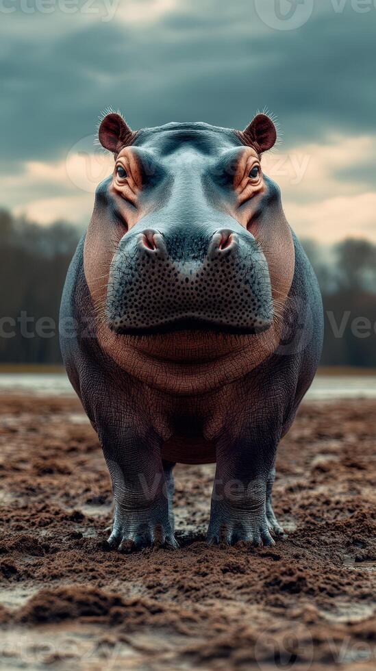 Large hippo standing in muddy terrain under cloudy sky during late afternoon photo