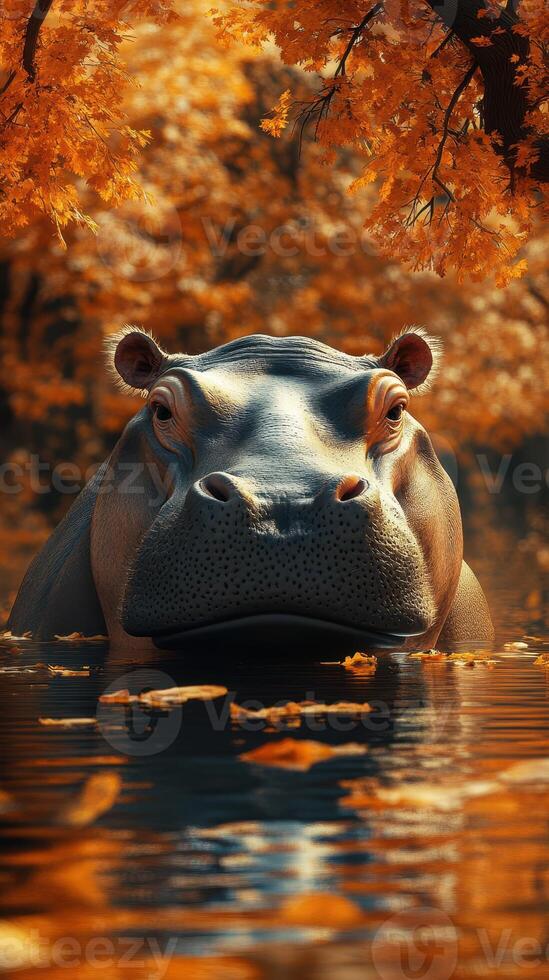 Hippopotamus in tranquil waters surrounded by autumn foliage at sunset in a serene landscape photo