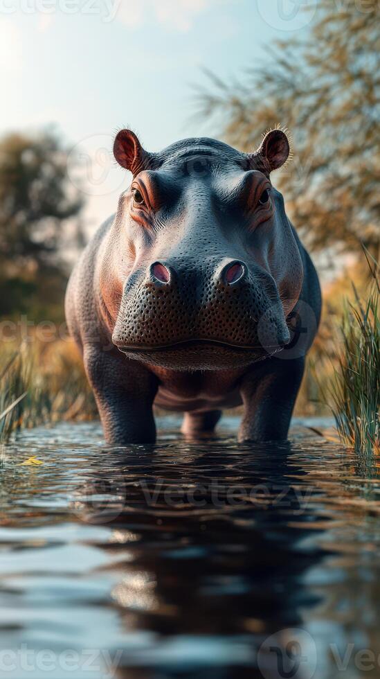 Hippo wades through serene water as sunlight filters through foliage in a tranquil natural habitat photo