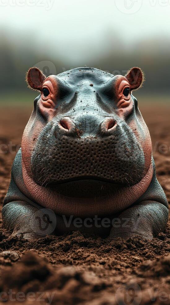Large hippopotamus resting on the muddy ground in a lush habitat during early morning light photo