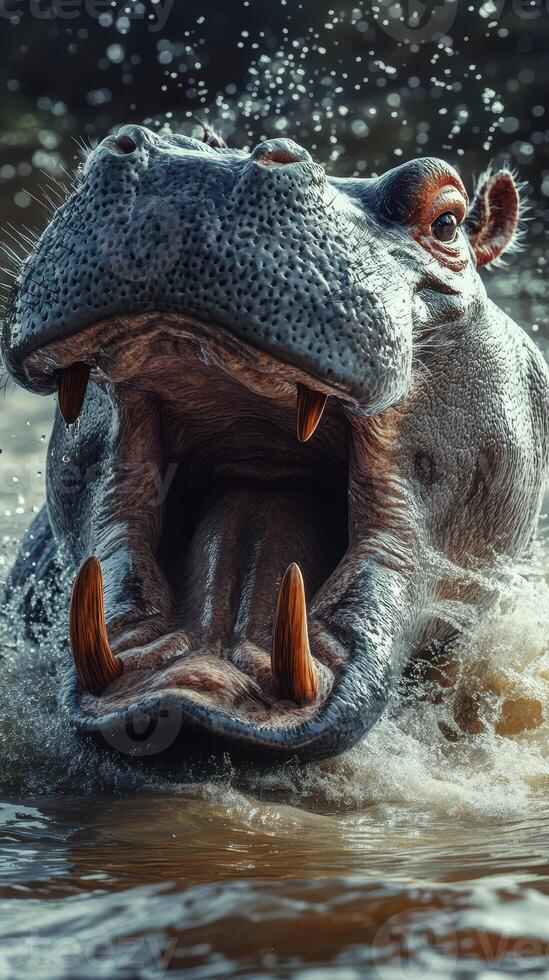 Hippo opens its mouth wide in the water while enjoying a sunny day in a river habitat photo