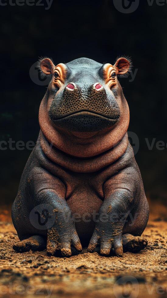 Hippo sitting calmly on sand with expressive features in a wildlife setting photo