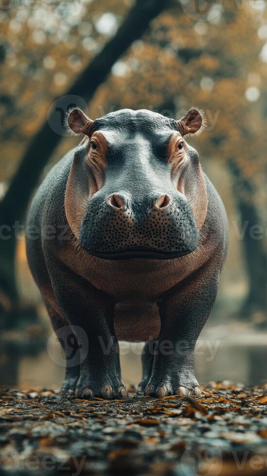 Large hippo standing by the water's edge in a serene landscape during early morning light photo