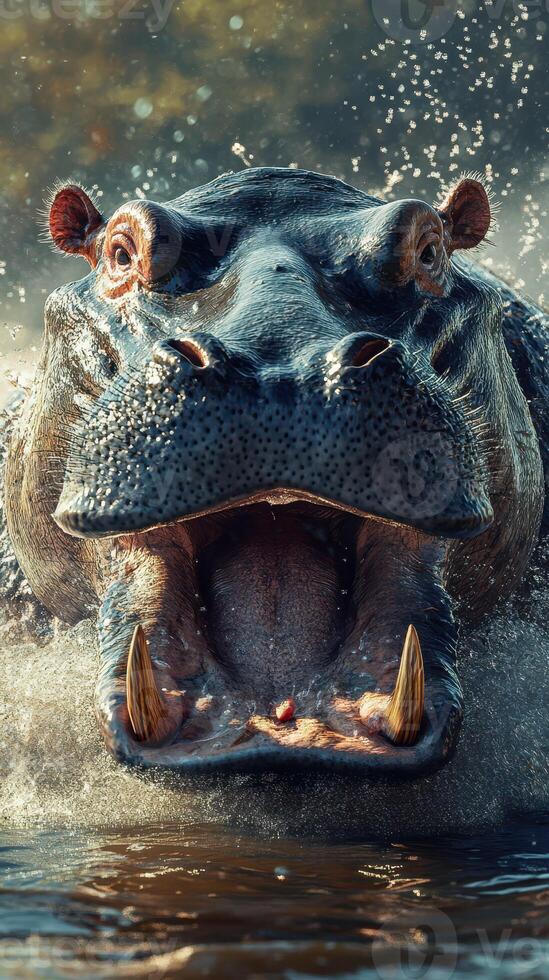 Hippo emerges from river, displaying powerful presence during sunny day in African wilderness photo