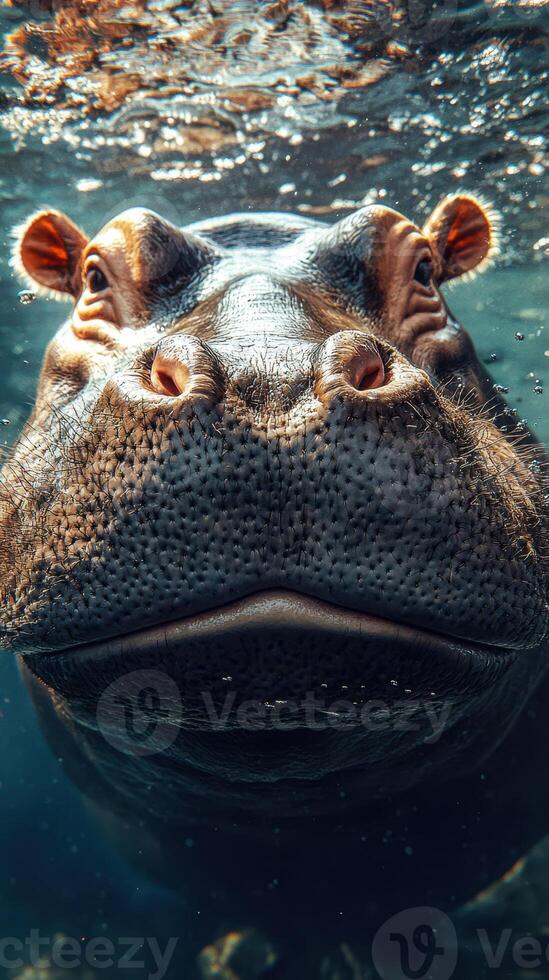 Hippo swimming underwater in clear water with bubbles in a natural habitat during the daytime photo