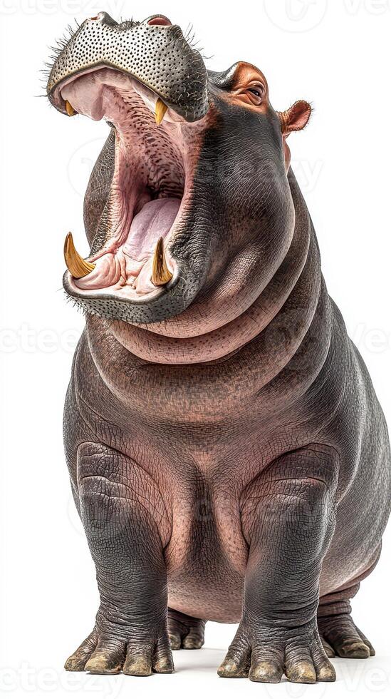 Hippo yawning with wide open mouth showcasing its large teeth in a close-up view during daylight photo