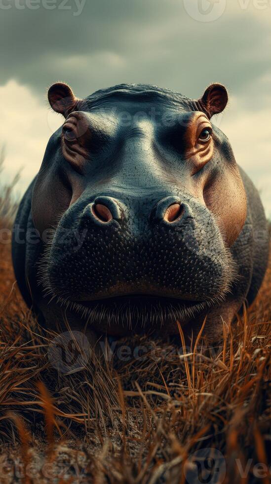 Large hippopotamus resting in tall grass under a dramatic sky during late afternoon photo