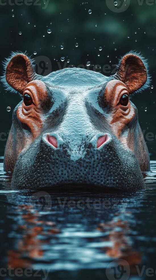 Hippo swimming in calm water with droplets around its head in a serene environment during daylight photo
