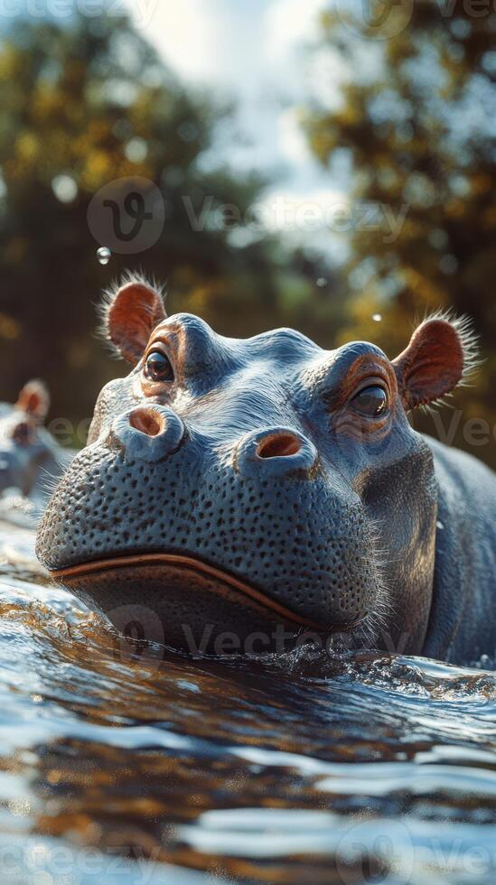 Close-up of a hippo emerging from water in a natural setting during daylight near a riverbank photo
