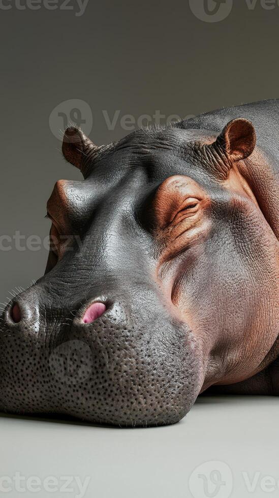 Hippo resting calmly indoors under soft lighting, showcasing its natural features and peaceful demeanor photo
