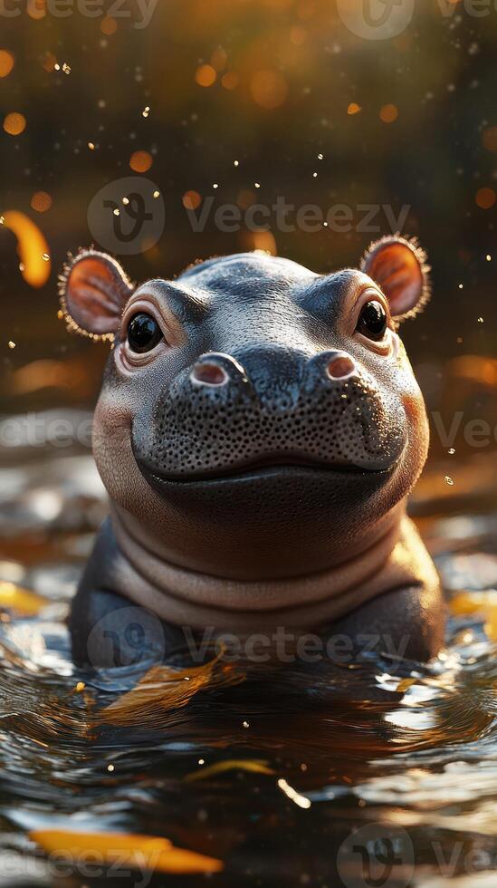 Young hippopotamus relaxing in calm water with golden leaves shimmering in sunlight photo