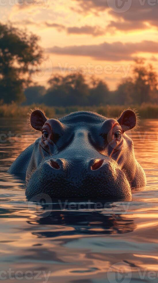 Hippo surfaces in tranquil waters at sunset, creating a serene wildlife moment in its natural habitat photo