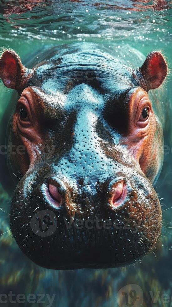 Hippo submerged in clear water near riverbank showcasing its curious expression and natural habitat at midday photo