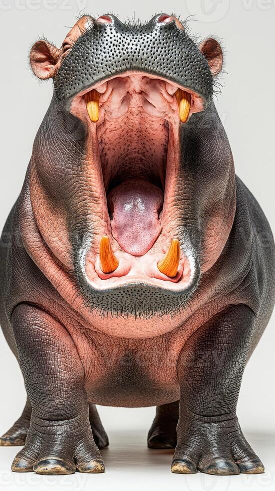 Massive hippopotamus yawning wide, showing large teeth and distinctive features in a neutral setting photo