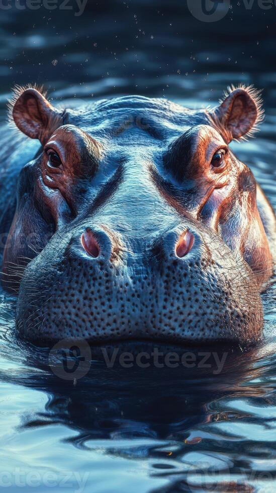 Hippo emerges from water during golden hour in serene wildlife environment photo