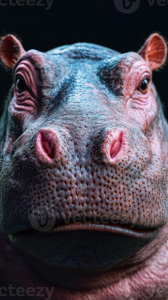 Hippo portrait showcasing intricate details of features in a dramatic close-up setting photo