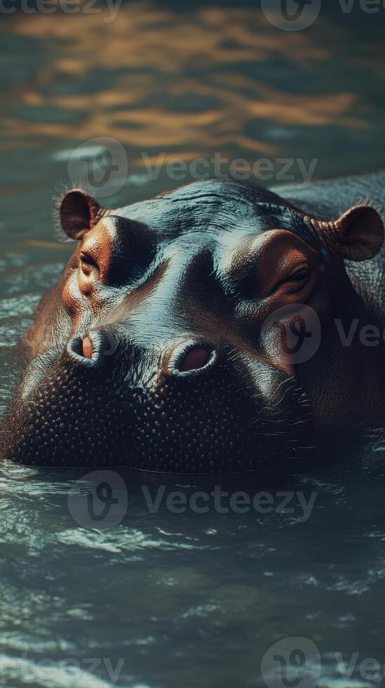 Close encounter with a hippo in tranquil water at twilight highlighting its unique features photo