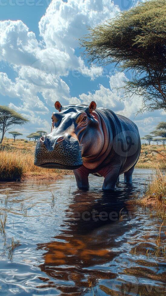 Hippo wades through a serene waterway in a savanna landscape under a bright blue sky in mid-afternoon photo
