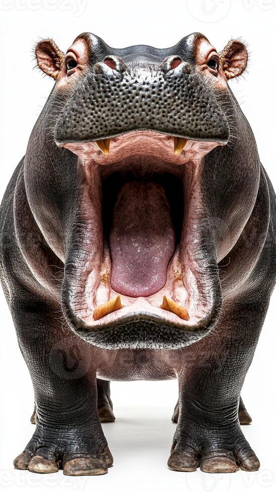 Hippo shows its powerful jaws while standing in a light background during a calm moment in a sanctuary photo