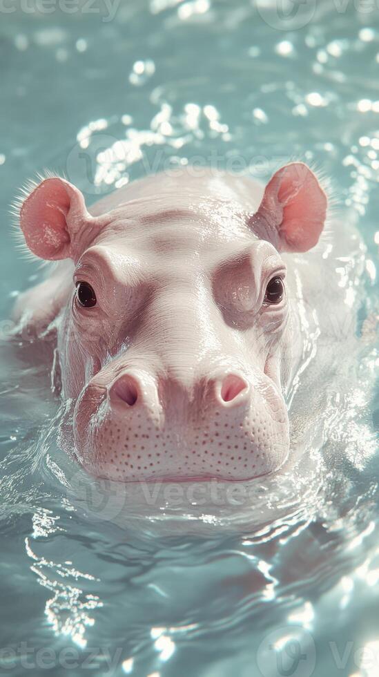 Playful hippo enjoys a swim in clear water during a warm afternoon at the zoo photo