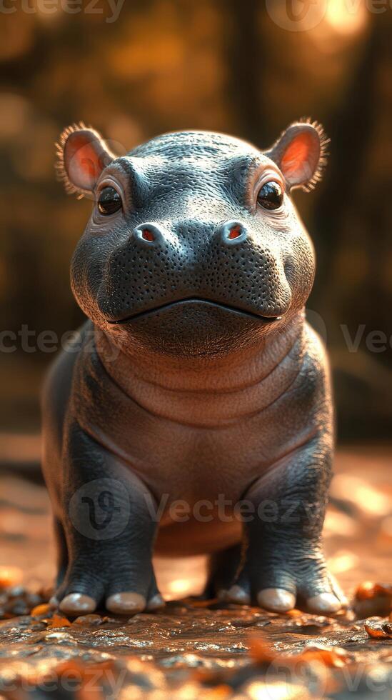 A young hippopotamus stands in a natural habitat during the golden hour surrounded by greenery and soft light photo
