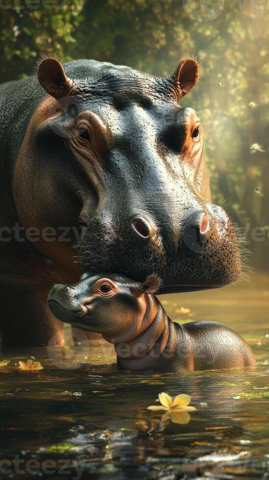 Mother hippo and calf enjoying a tranquil moment in a serene river environment filled with lush flora photo