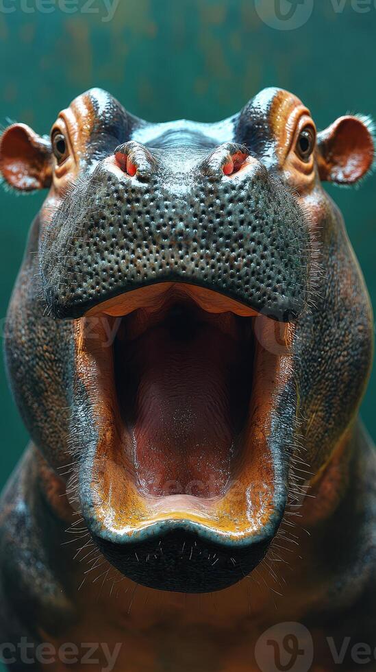 Close-up of a roaring hippopotamus showcasing its impressive teeth in vibrant detail photo