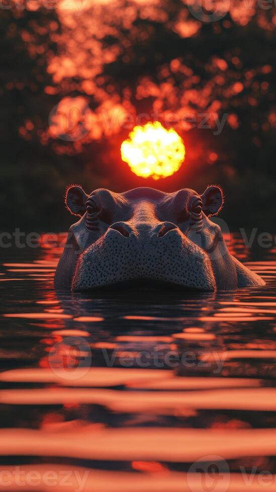 Hippopotamus enjoying the sunset in a tranquil water setting photo