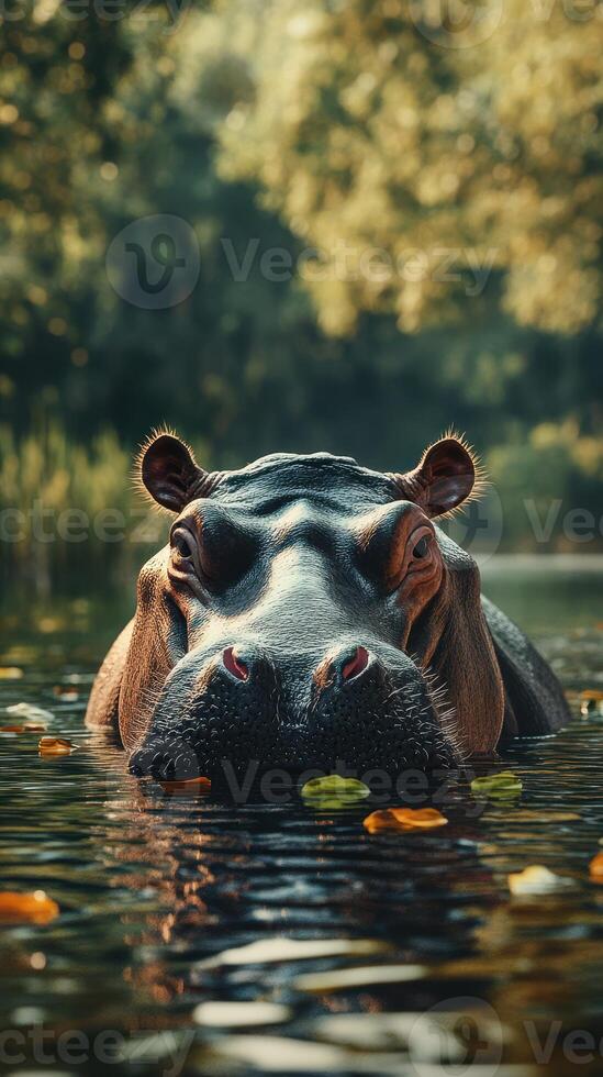 Hippopotamus resting in calm waters surrounded by nature in a serene setting during the afternoon light photo