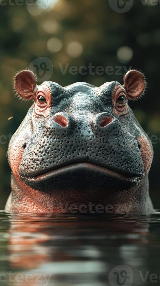 Hippo emerges partially from the water in a serene natural setting during the golden hour light photo