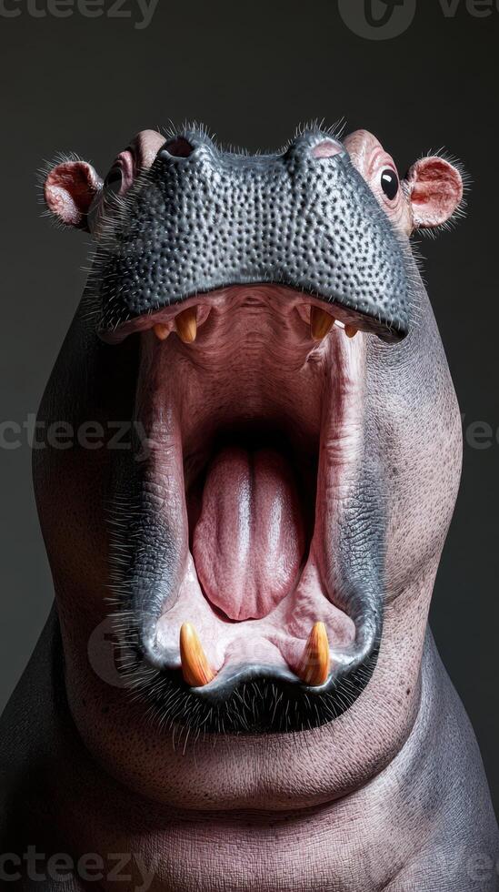 Hippo with wide open mouth showcasing teeth and vivid details in close-up shot against a dark background photo
