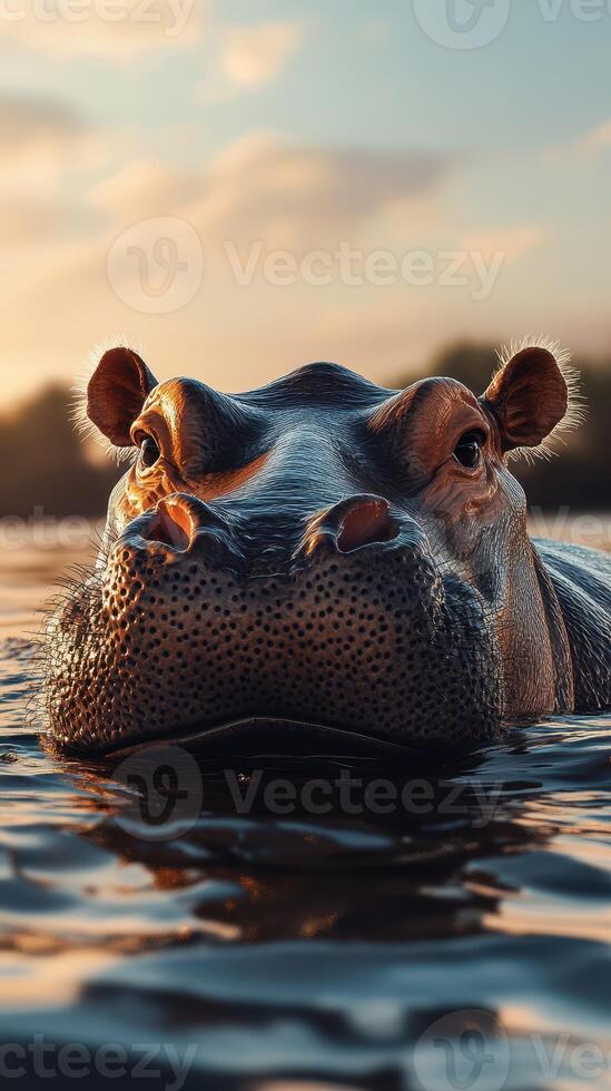 Hippo swimming in serene waters during sunset with soft sunlight illuminating its features photo