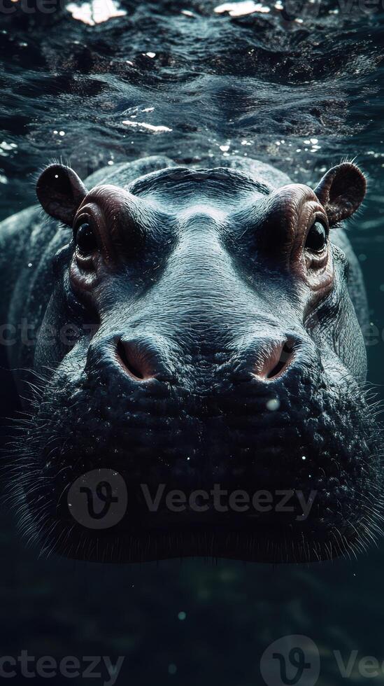 Hippo swimming underwater in clear water, showcasing its majestic features and serene presence during daytime photo