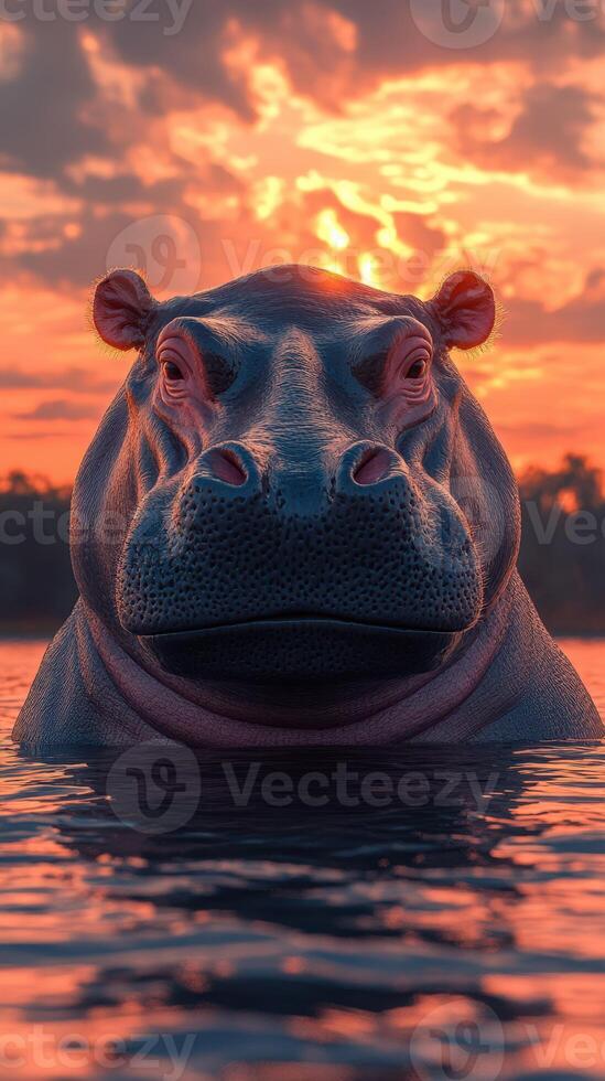 Hippo emerging from the water at sunset in a serene landscape with colorful clouds in the background photo