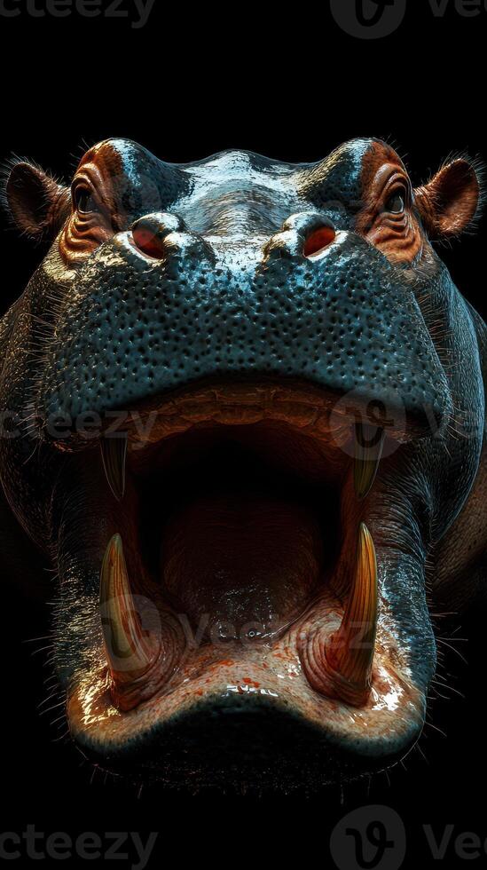 Captivating close-up of a hippo displaying its massive mouth in a striking dark background photo