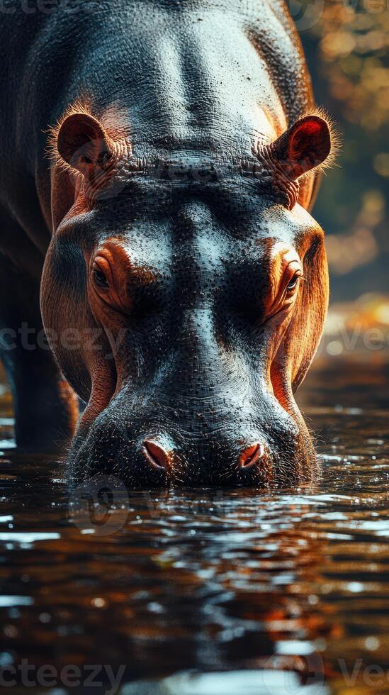 Hippo wading through calm waters at sunset creating a serene natural habitat photo