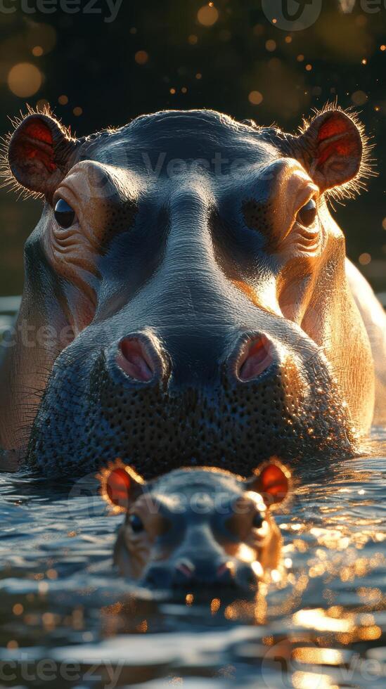 Hippos swimming in calm water during sunset with one young hippo and a playful atmosphere captured in serene environment photo