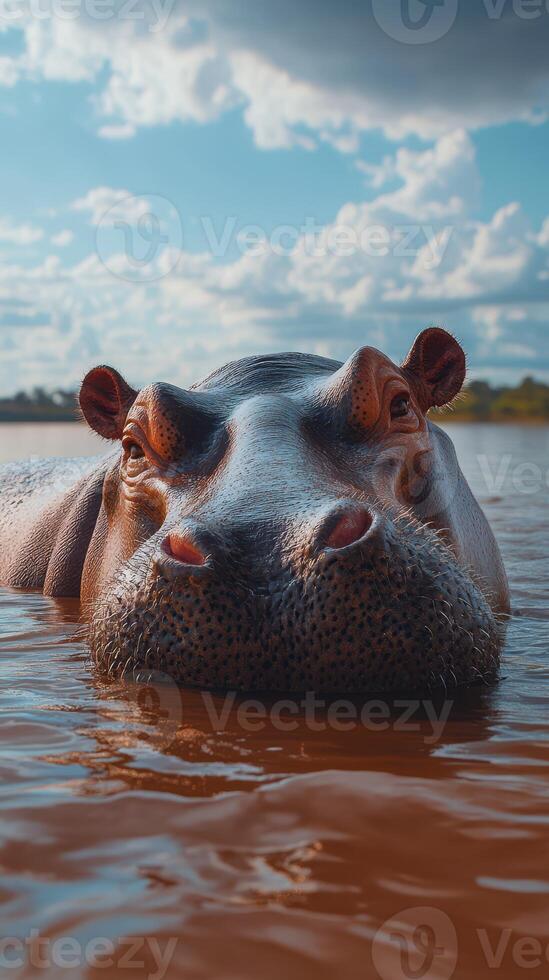 Large hippo emerging from the water under a partly cloudy sky in a natural habitat during the afternoon photo
